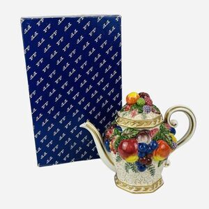 Vintage Fitz and Floyd Venezia Teapot Embossed Fruit Gold Trim Handpainted READ